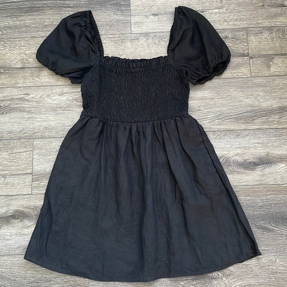 J. Crew Dresses & Skirts - J. Crew | 100% Linen Puff Short Sleeve Smocked Mini Peasant Dress Medium Black